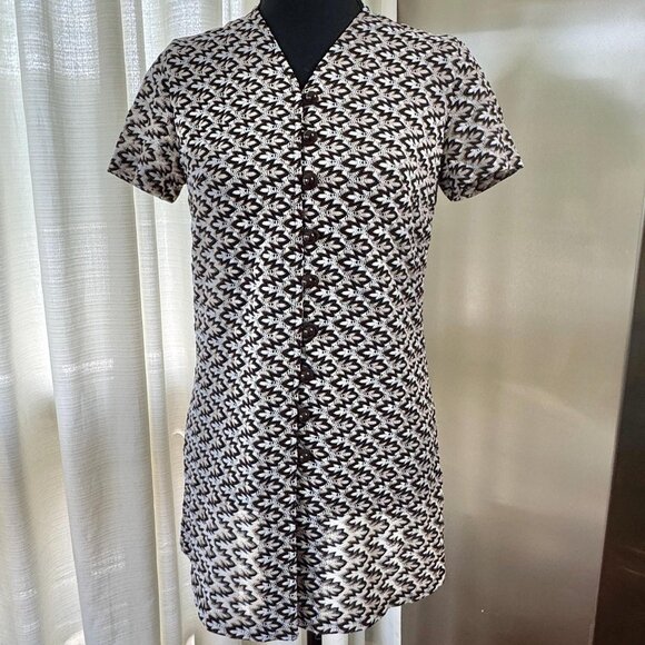 Vintage 70s top/tunic, black, white, brown abstract op-art pattern, mini dress - Picture 2 of 10